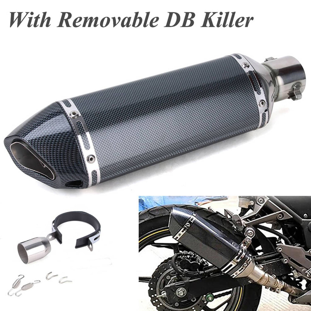 Carbon fiber exhaust muffler with chrome outlet and included mounting clamp and springs