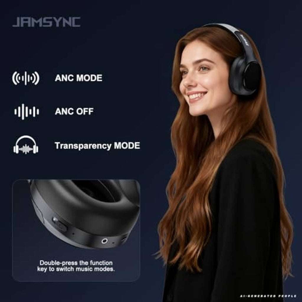 Black over-ear wireless noise cancelling headphones worn by a person, side view