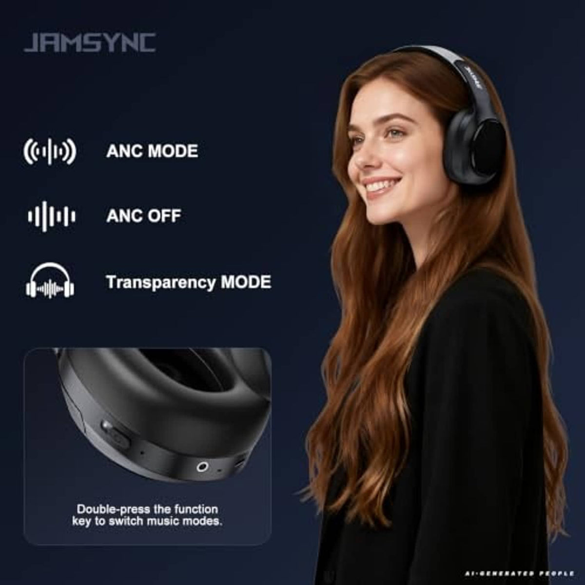 Black over-ear wireless noise cancelling headphones worn by a person, side view