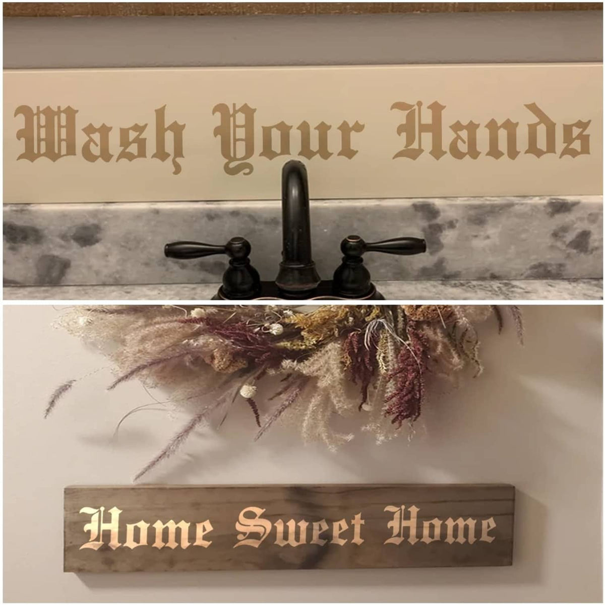 Wooden decor plaques with stencil lettering: Wash Your Hands and Home Sweet Home