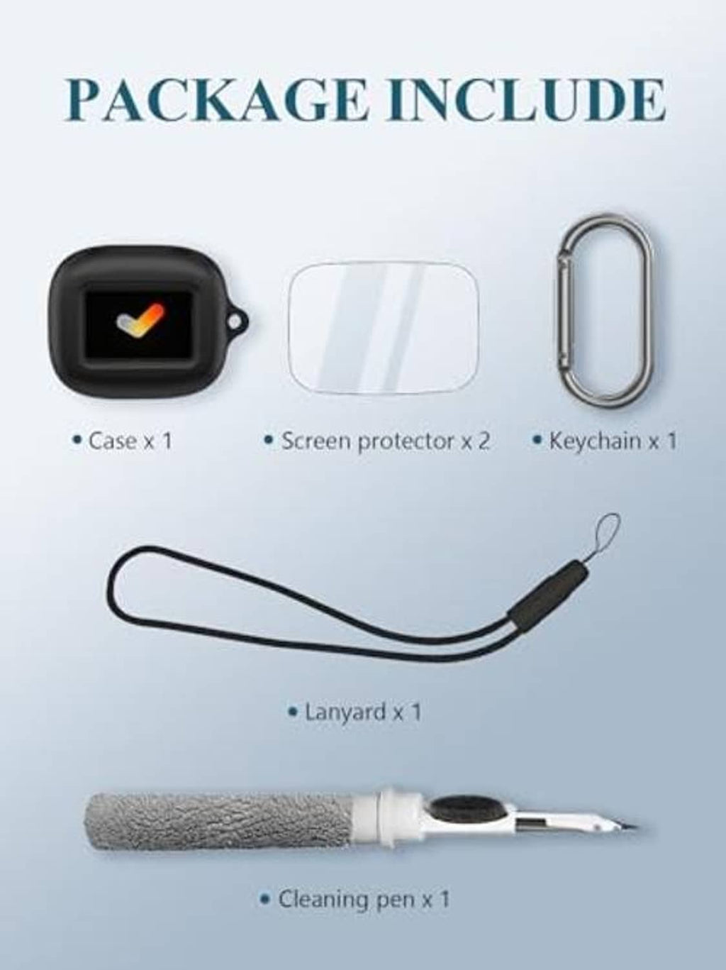 Earbuds case bundle: black case, screen protector, carabiner, lanyard, cleaning pen