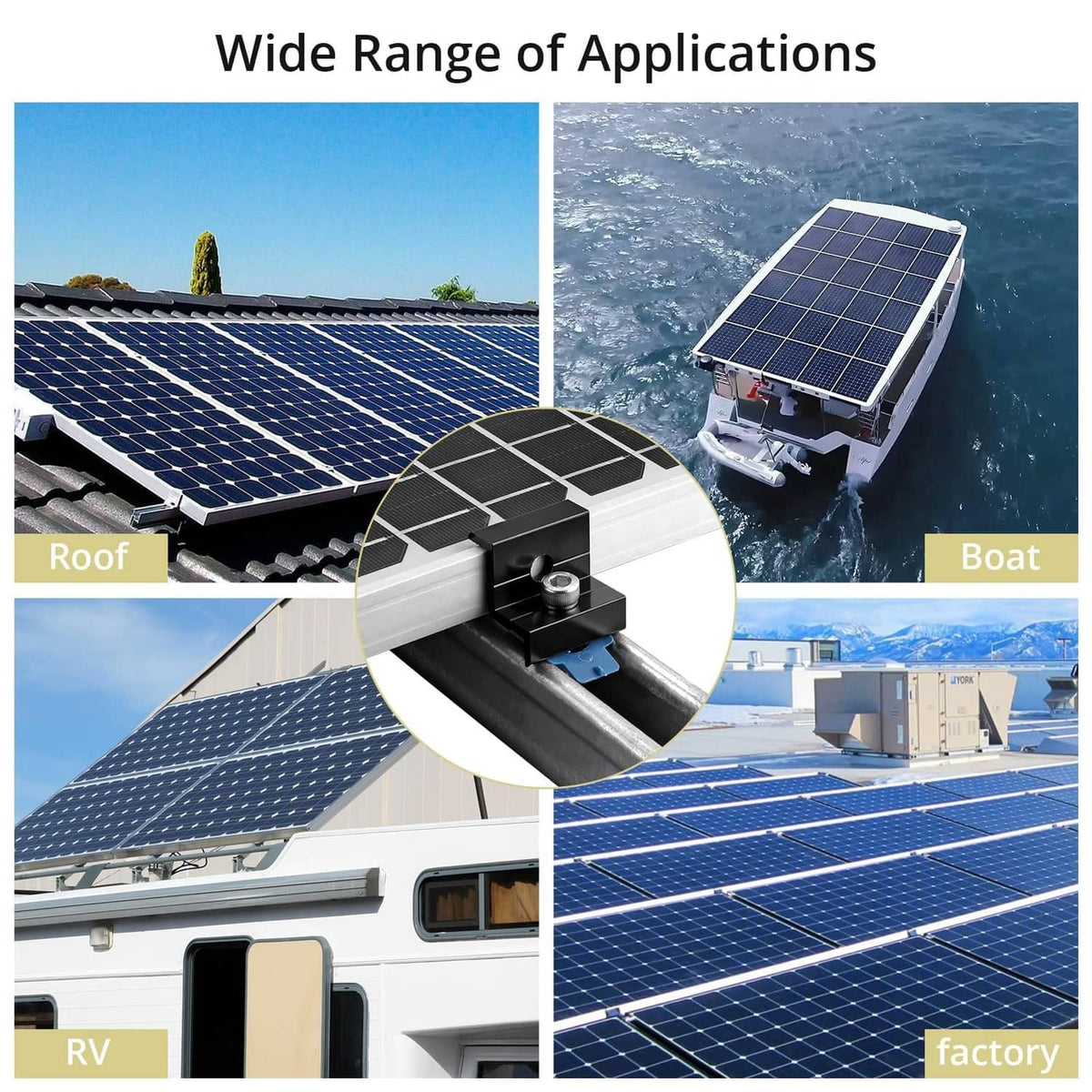 Black solar panel end clamp for fastening solar panels to metal rails