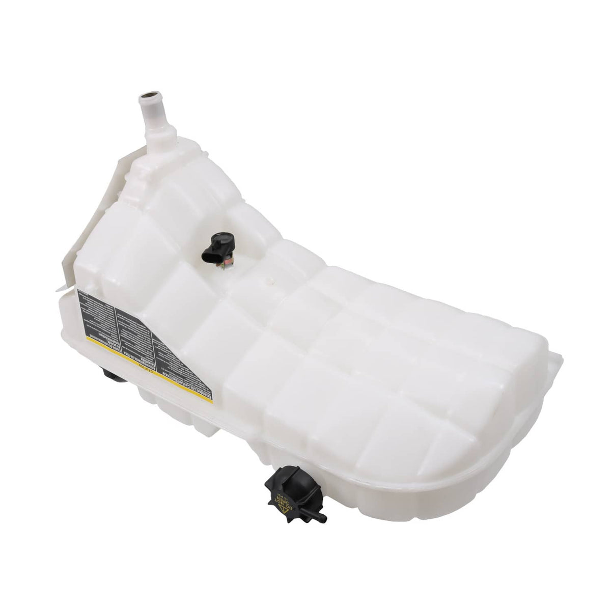 Coolant recovery reservoir tank bottle with side label and outlet neck, white plastic