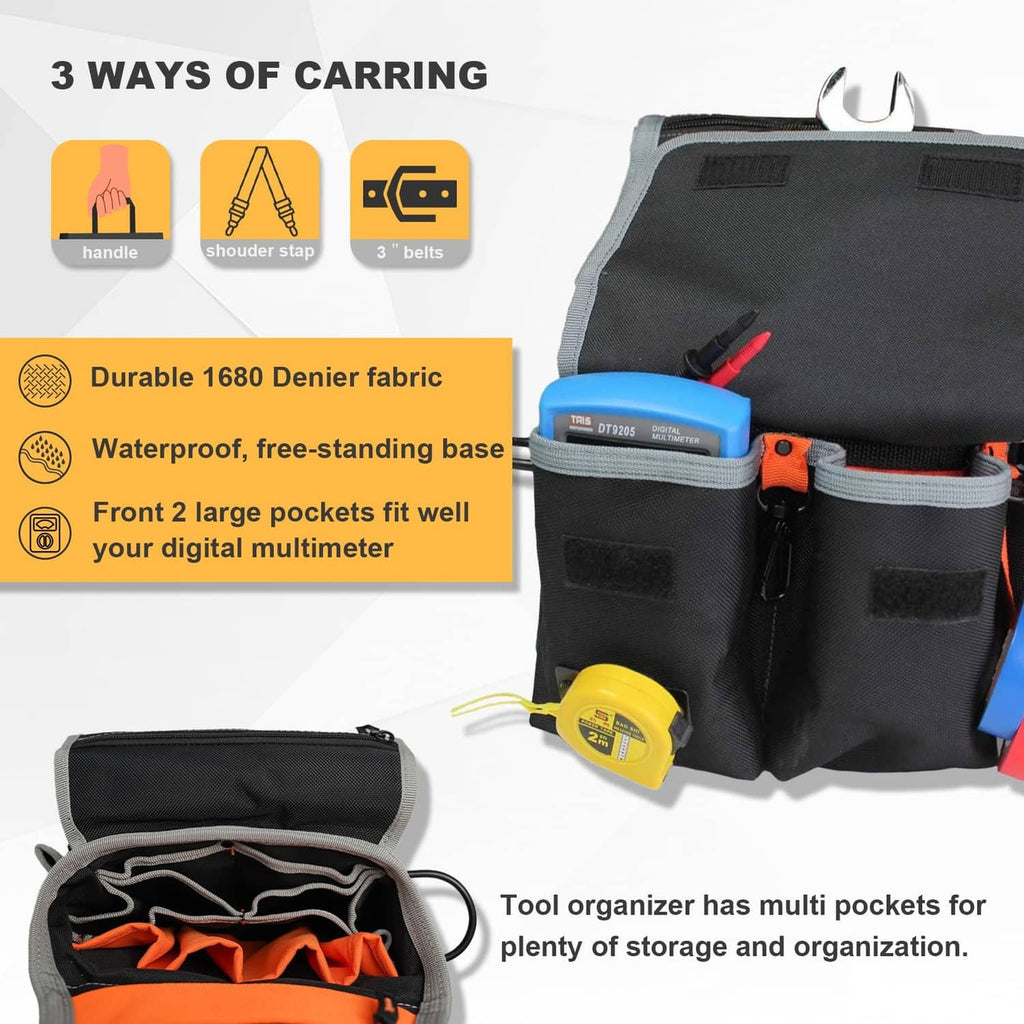 Black tool organizer pouch bag with orange-lined pockets and large front storage compartments