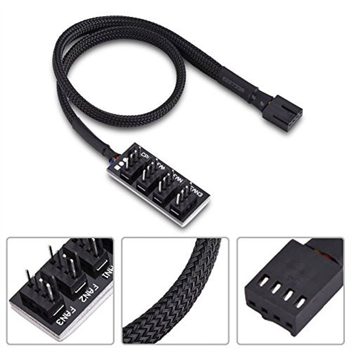 4-pin PWM fan hub adapter cable set with close-ups of fan headers, braid, and plug