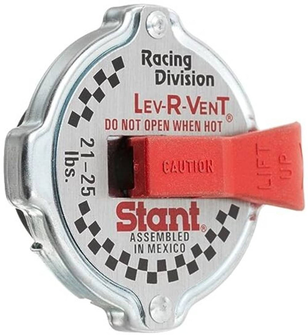 Racing safety radiator cap, silver ring with red lever and warning label window