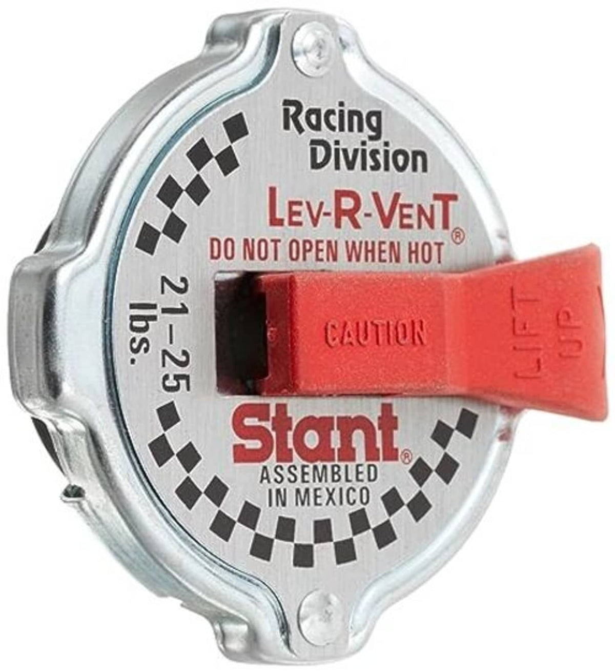 Racing safety radiator cap, silver ring with red lever and warning label window