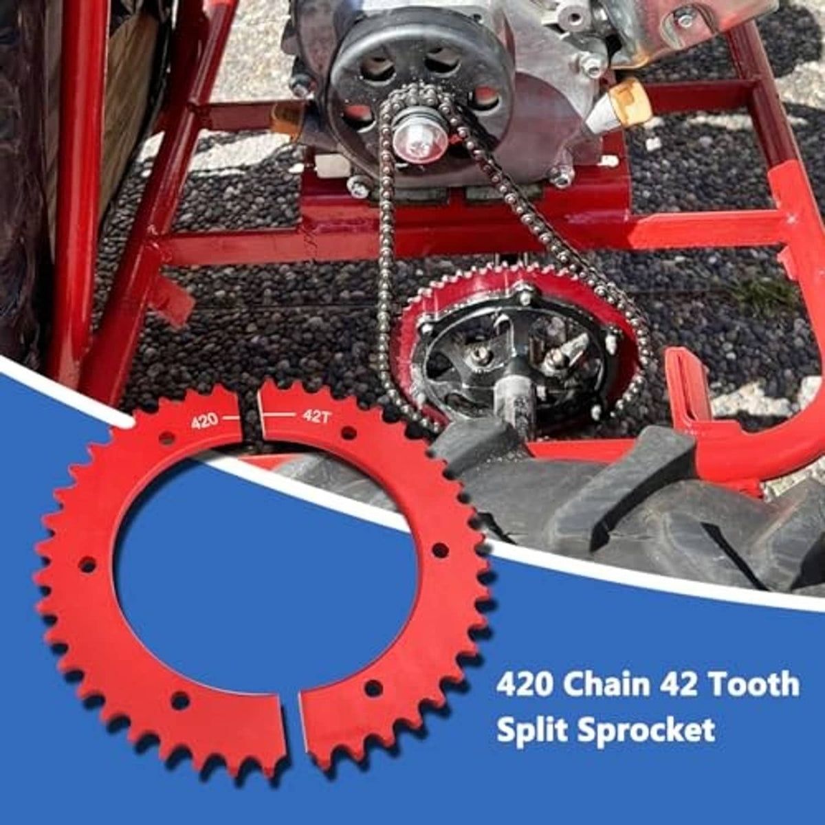 Red 420 chain split sprocket with chain installed on powersports engine