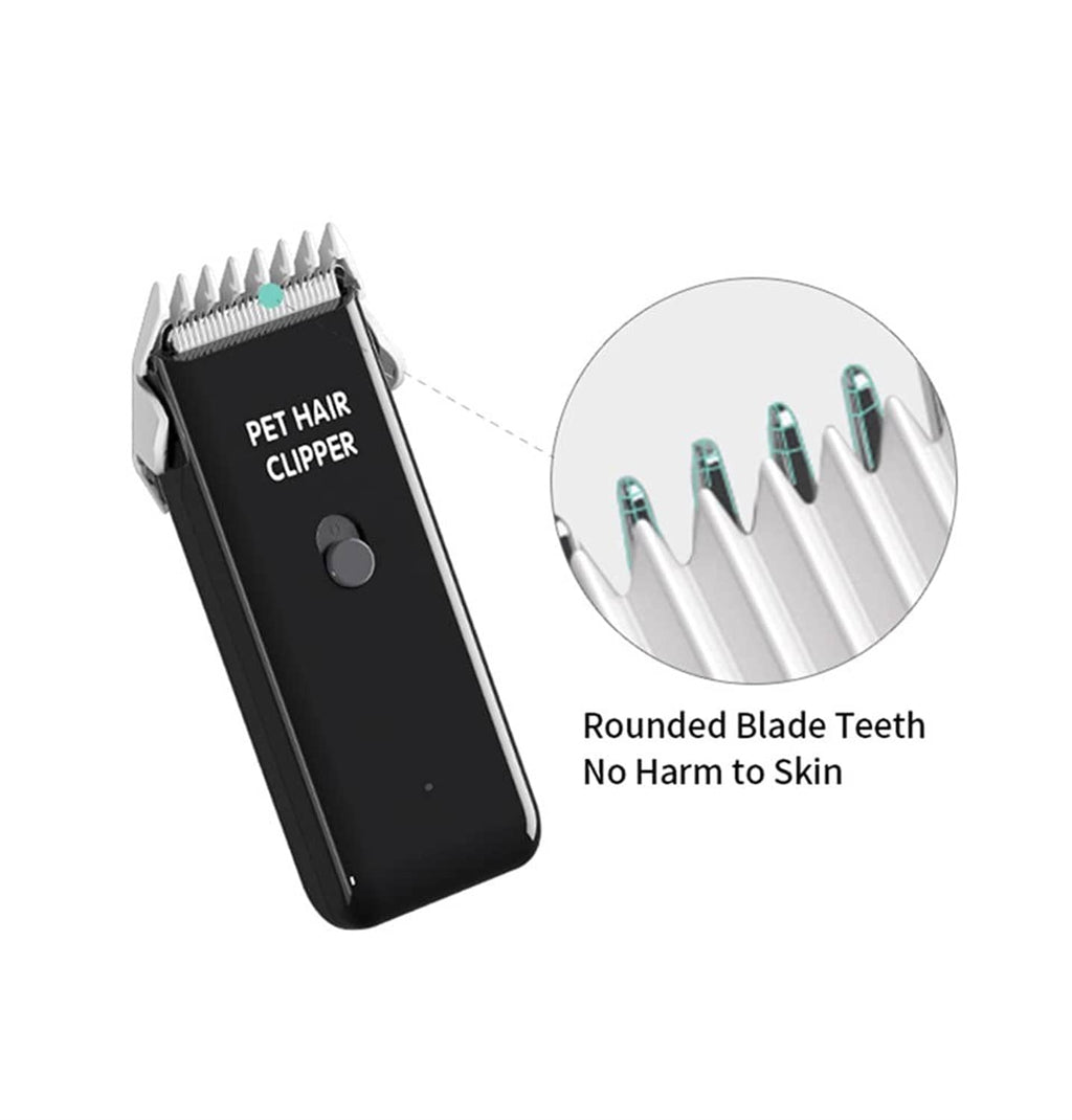 Black pet hair clipper with rounded blade teeth, front detail and guard combs