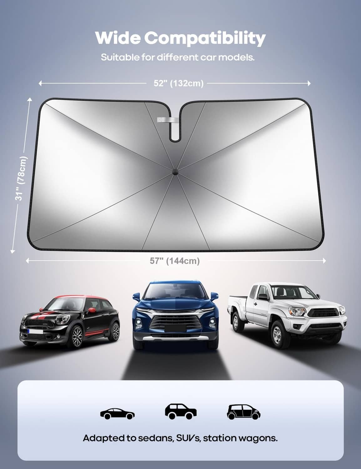 Rectangular foldable windshield sunshade umbrella, dark frame with silver reflective panel