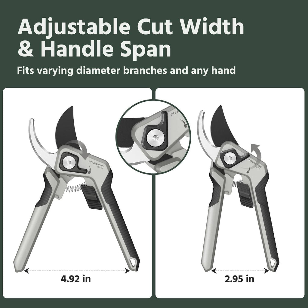 Adjustable bypass pruning shears showing cut-width adjustment with two blade positions