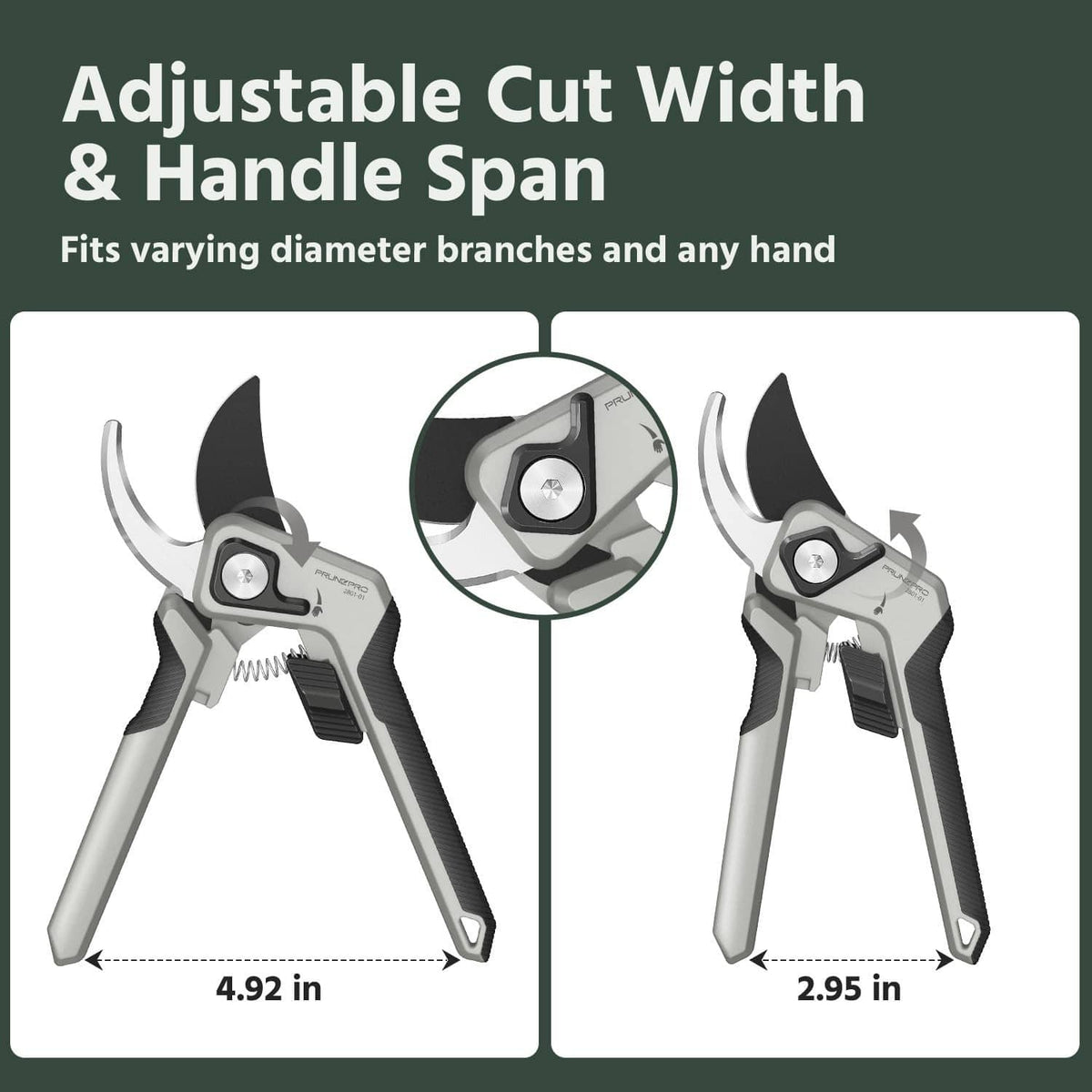 Adjustable bypass pruning shears showing cut-width adjustment with two blade positions