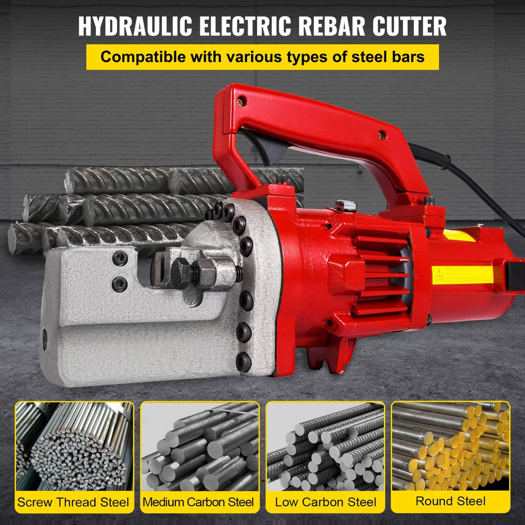 Hydraulic electric rebar cutter with red handle and gray cutting die, front view