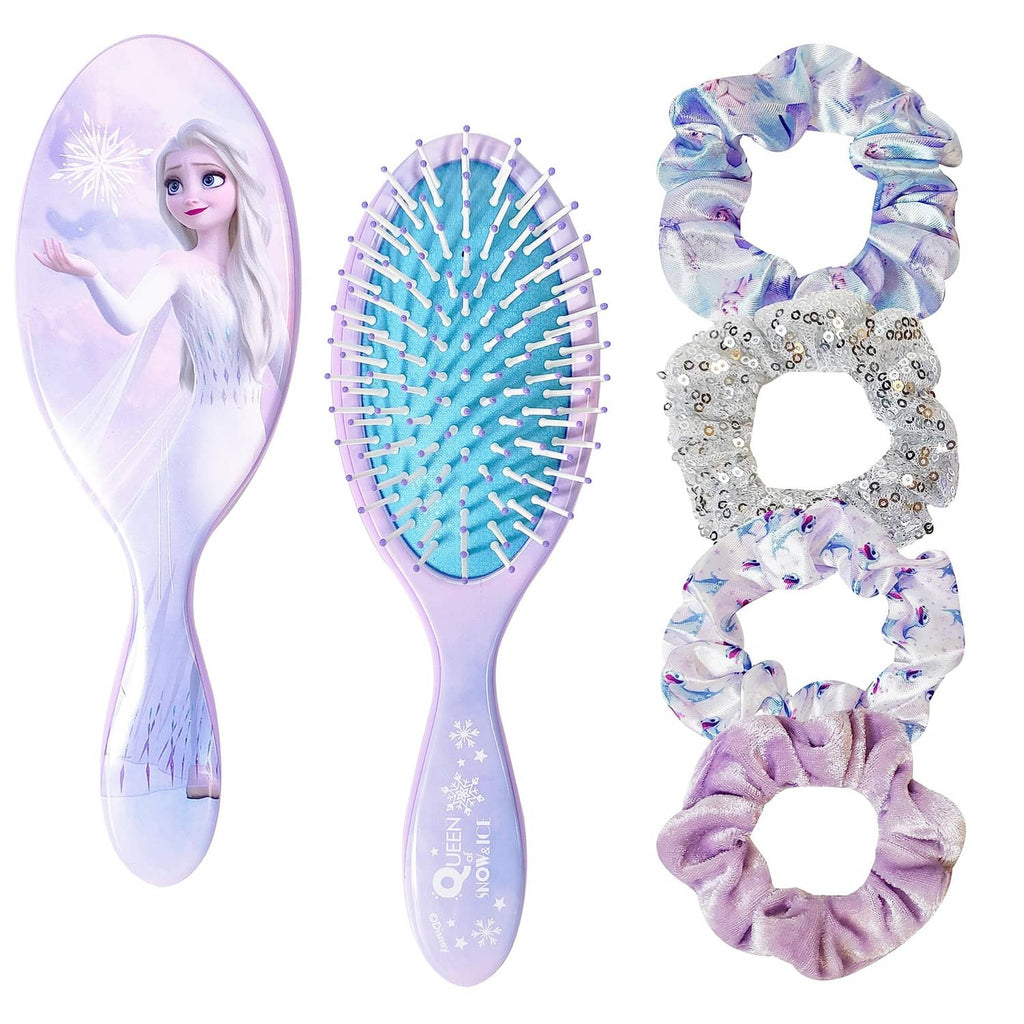Princess-themed oval hairbrush with purple handle and icy-blue bristle cushion