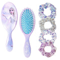 Princess-themed oval hairbrush with purple handle and icy-blue bristle cushion