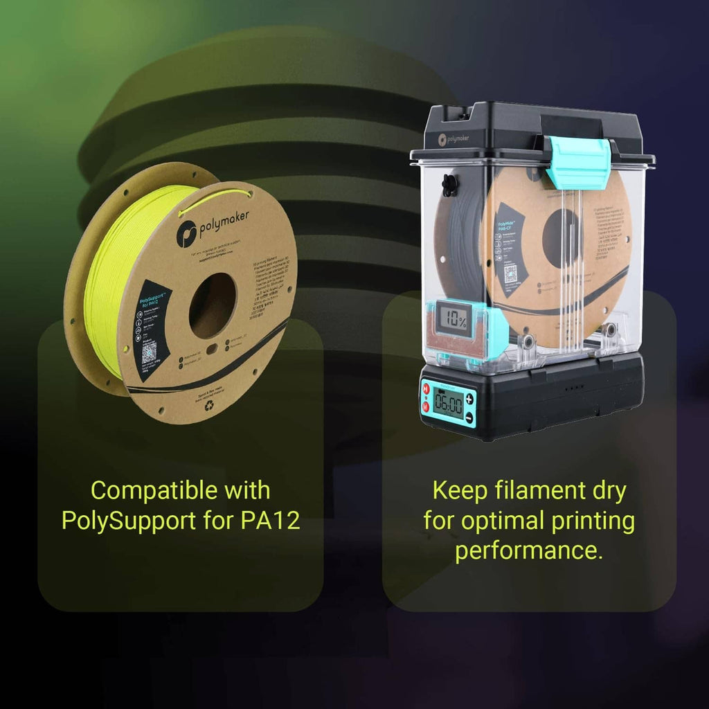 Filament spool beside a 3D printer showing print chamber and dry storage tray