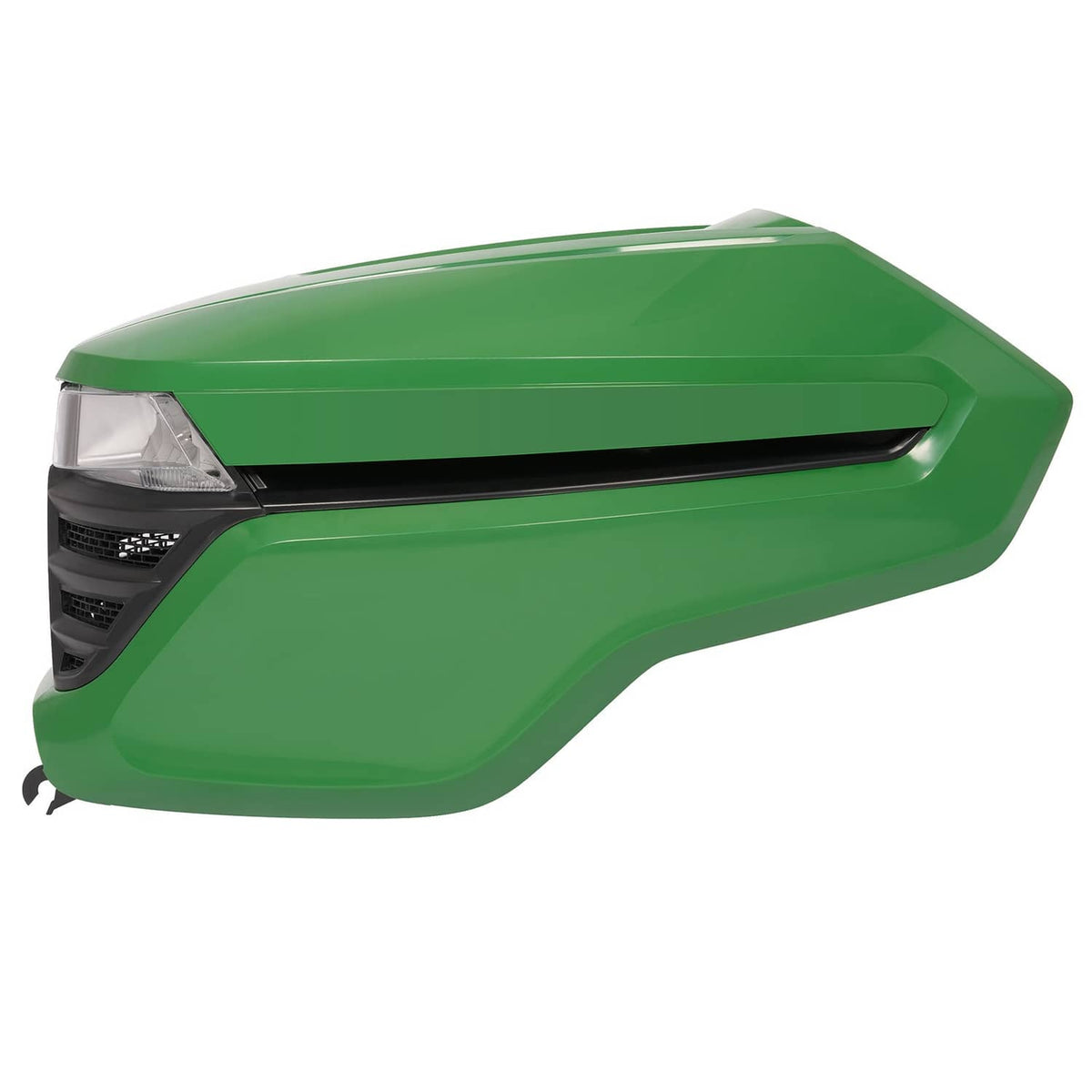 John Deere green hood corner with clear headlight lens and black grille