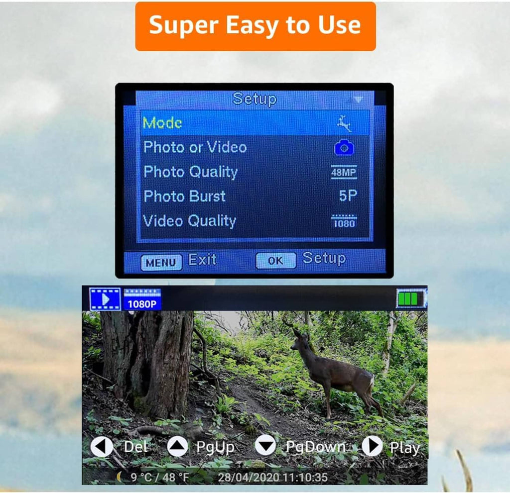 Camouflage trail camera with color screen showing photo/video setup menus