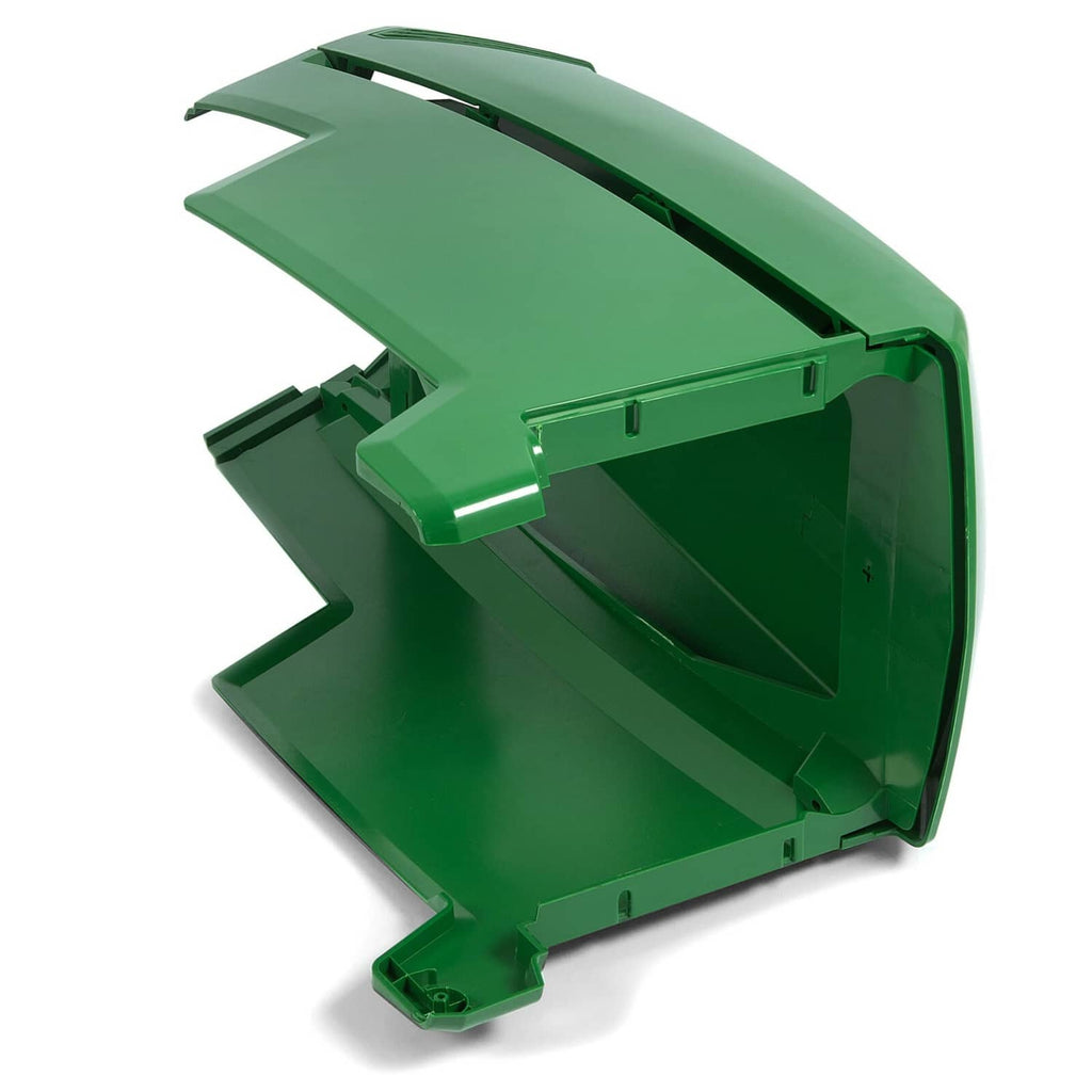 Green hood assembly underside view with latches and open cutout sections.