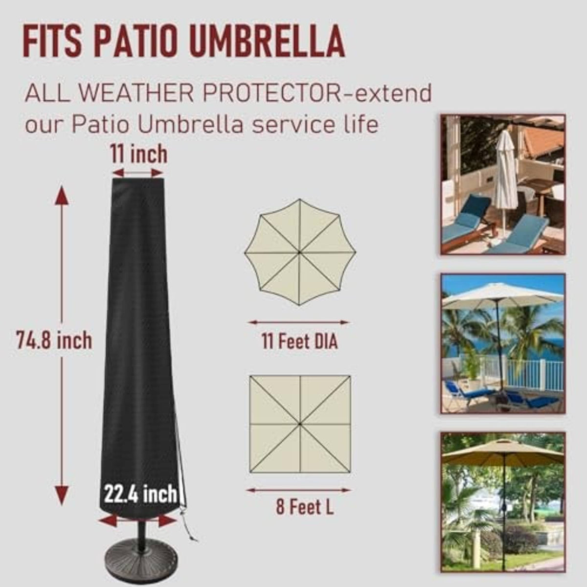 Black outdoor patio umbrella cover for patio umbrella, tall tapered shape