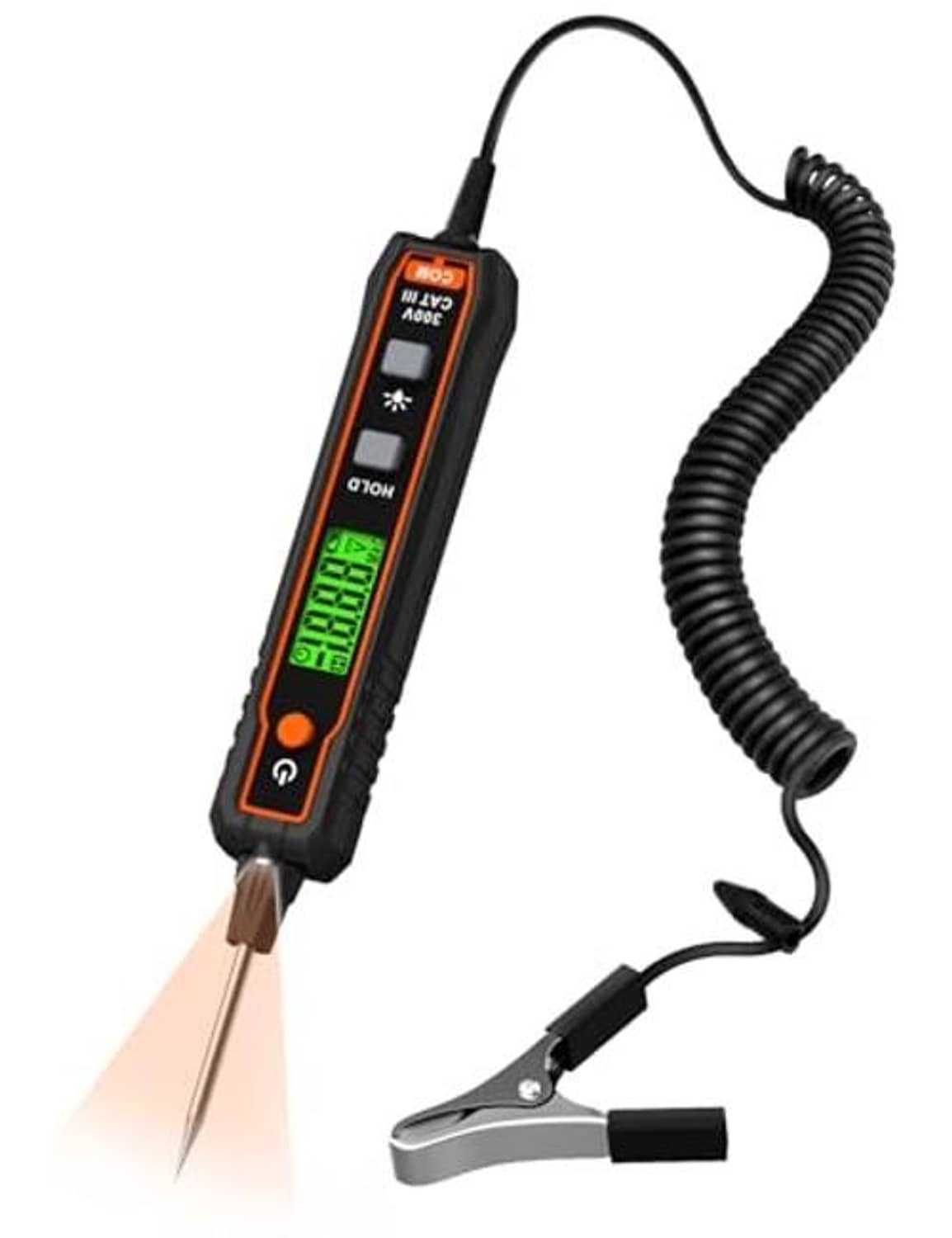 Automotive circuit tester with coiled cord and alligator clip, black/orange