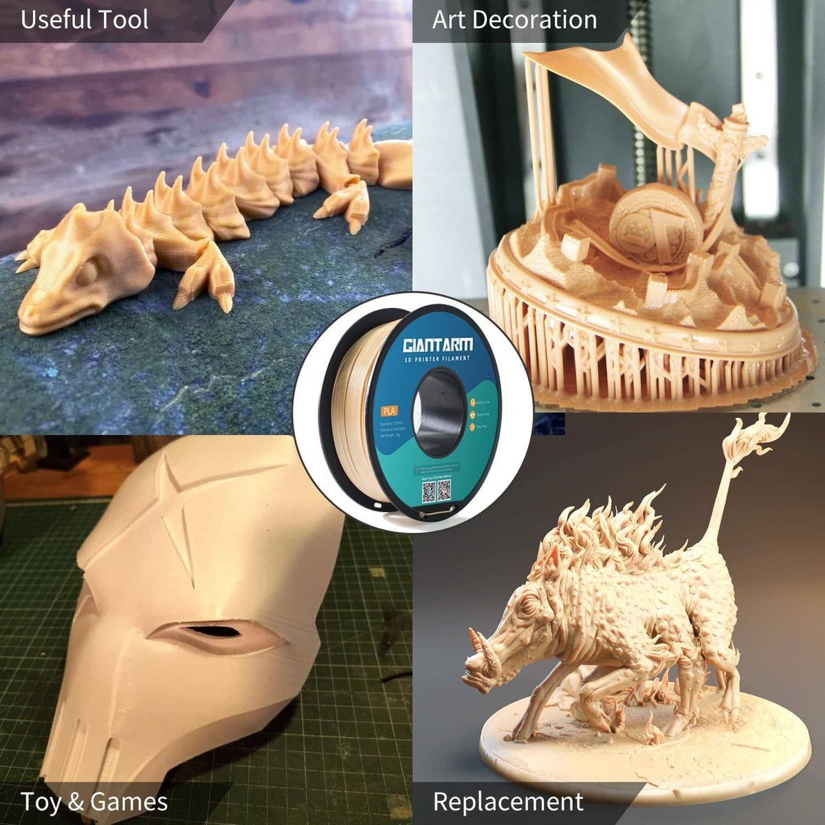 Bone white PLA filament spool shown with 3D printed figures for decoration
