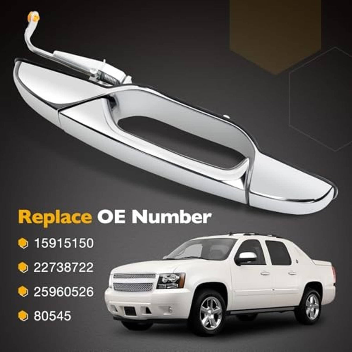 Chrome exterior door handle with sculpted grip, front left-to-right angled view.