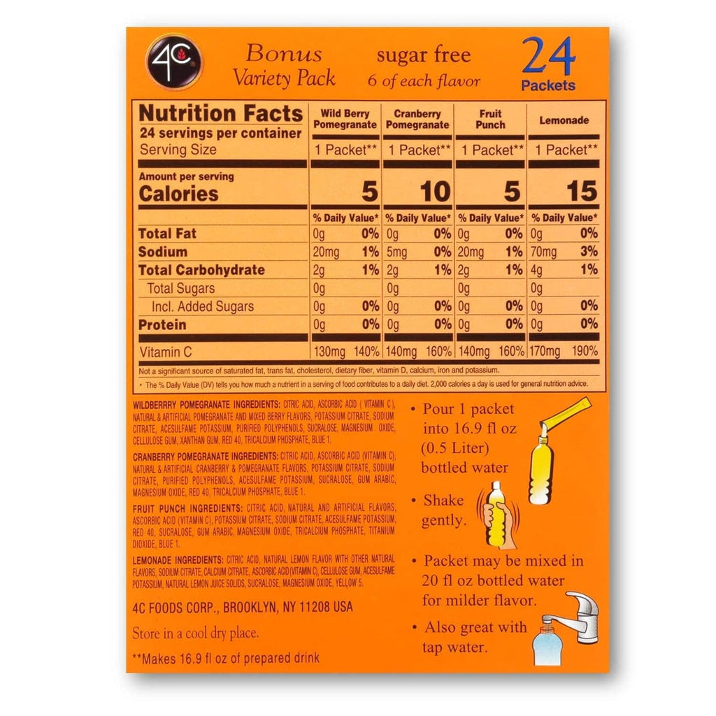 4C Variety Pack 24 powder drink mix nutrition facts and preparation directions