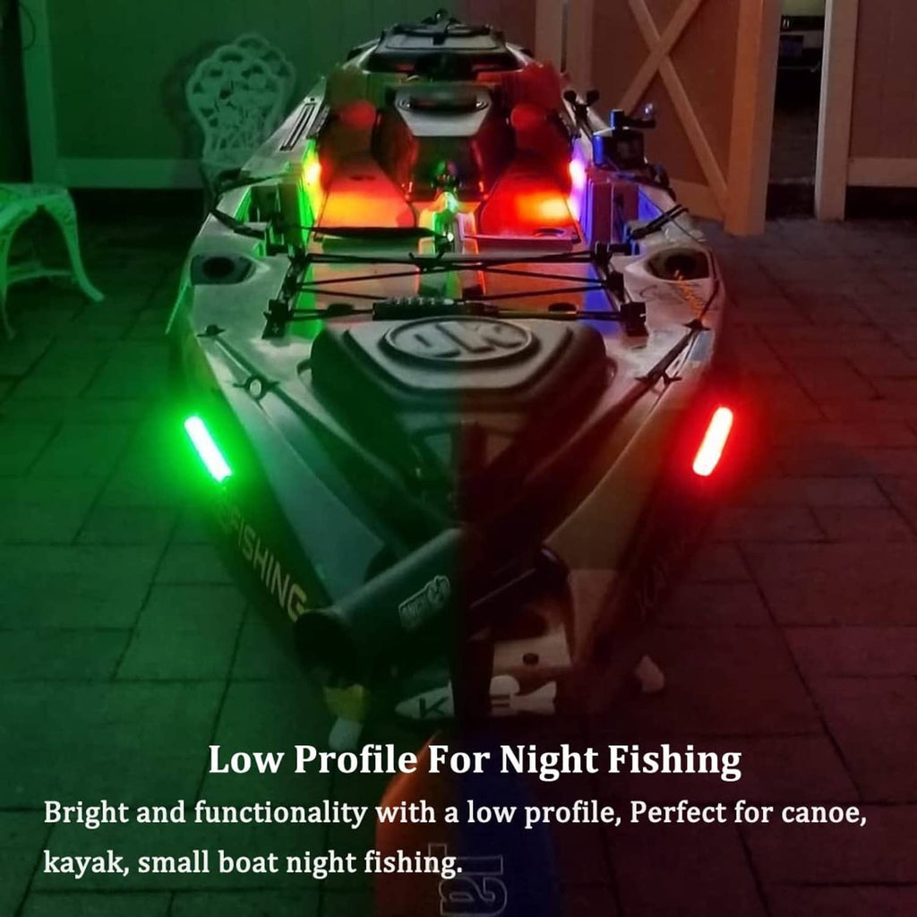 Low-profile red and green LED bow lights casting colored illumination on kayak