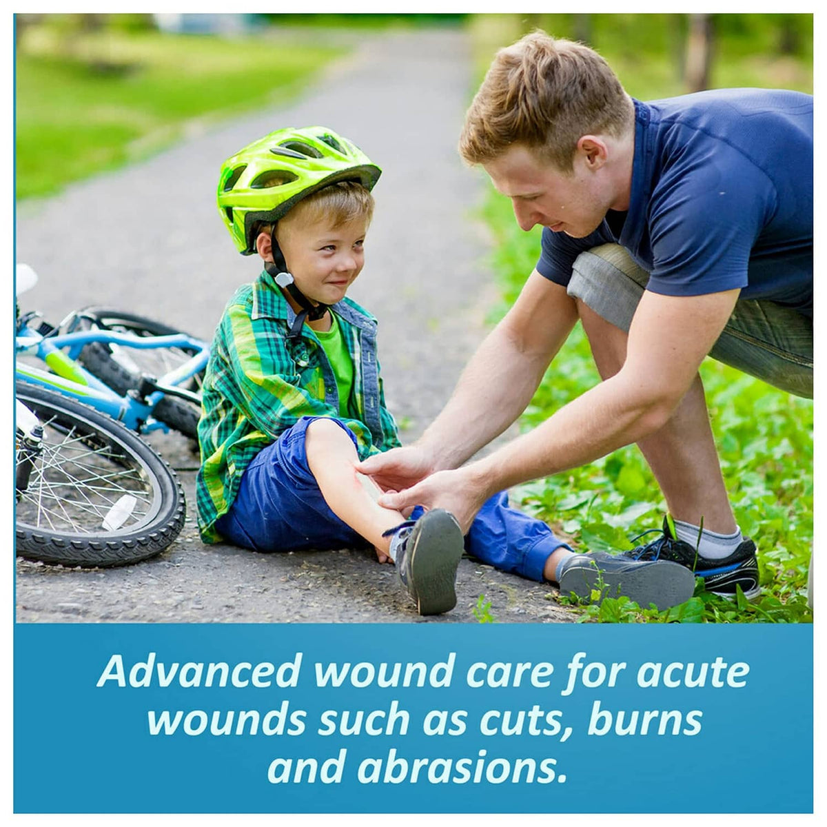 Transparent dressing pad applied on a child's leg for wound care