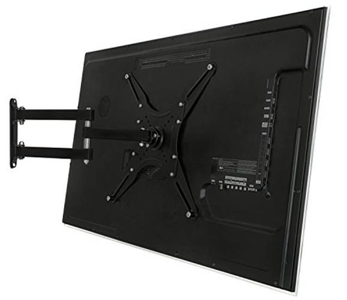 Black TV wall mount plate with VESA bracket arms for attaching a flat screen