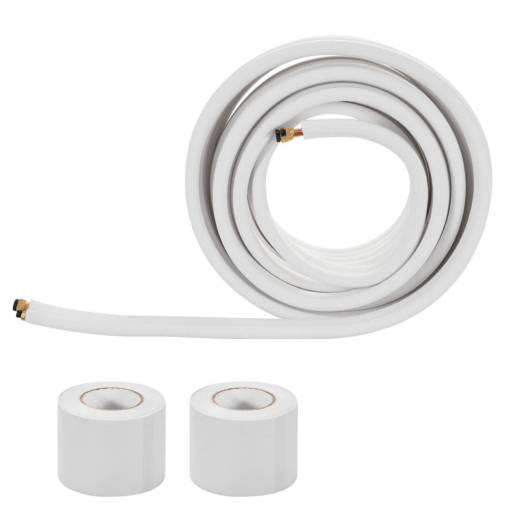 Coiled white insulated mini split line set with two white insulation rolls included