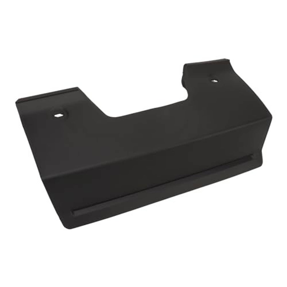 Rear bumper tow hook cover, matte black plastic side view with fastener tabs