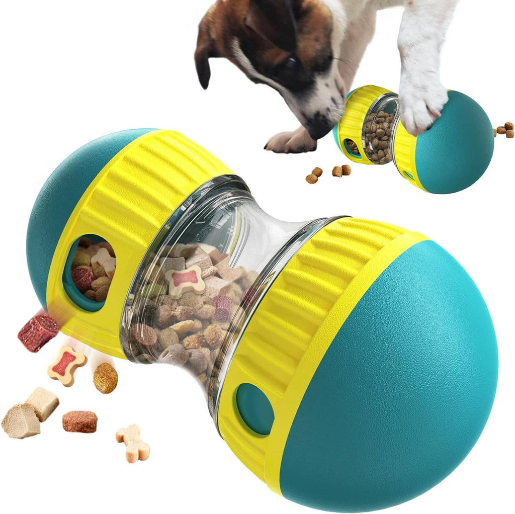 Teal and yellow treat dispensing puzzle ball dog toy with clear drum and side openings
