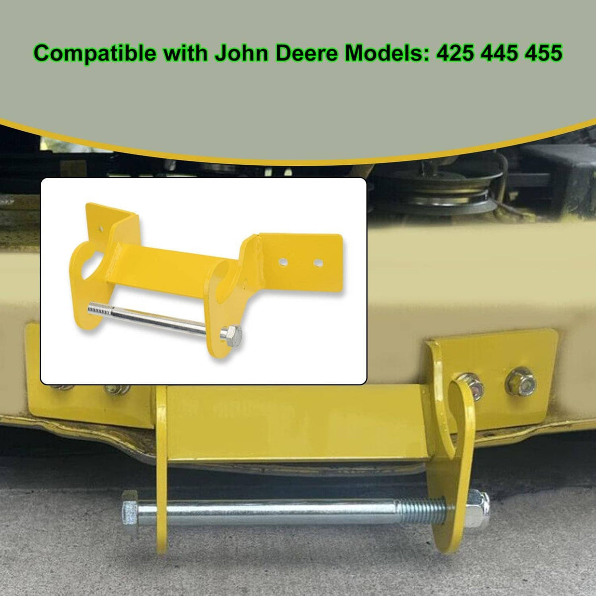 Yellow mower deck hanger bracket with black roller and threaded mounting bar