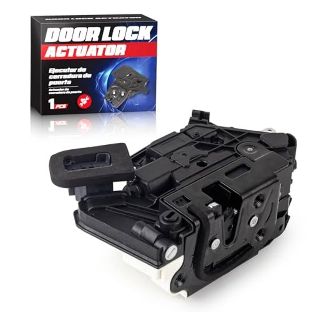Black rear door lock actuator angled view with latch mechanism and control parts