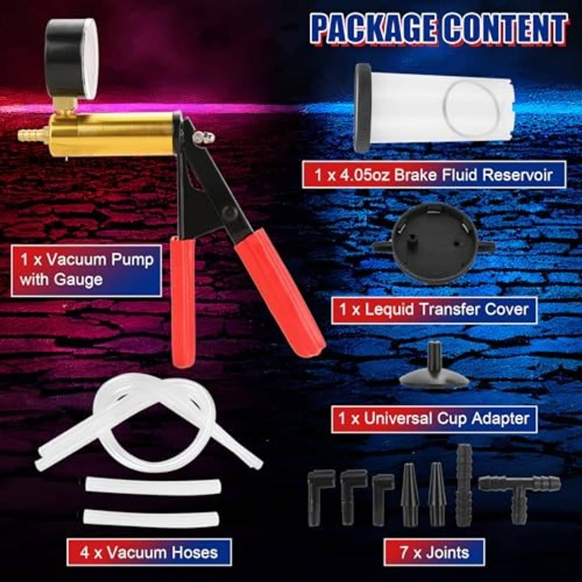 Brake bleeder vacuum pump kit components set: gauge, pump, cover, adapter, and hoses