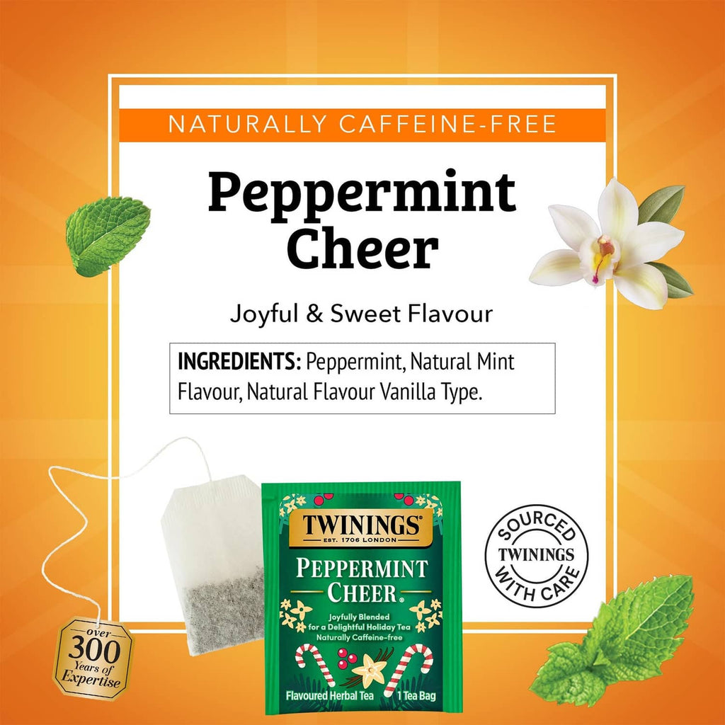 Twinings Peppermint Cheer caffeine-free herbal tea box with ingredients panel