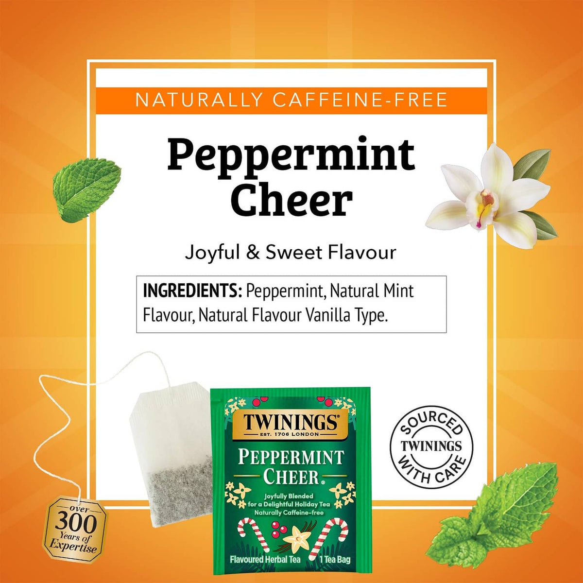 Twinings Peppermint Cheer caffeine-free herbal tea box with ingredients panel