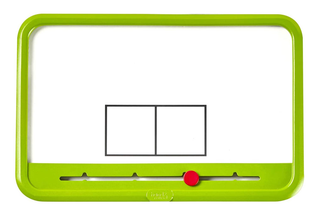Green magnetic dry-erase Elkonin board with two blank segment boxes and red knob