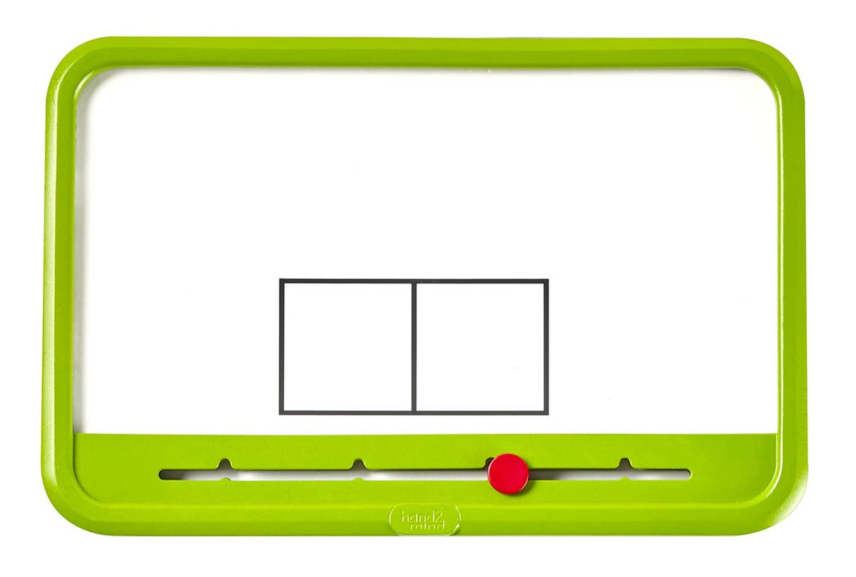 Green magnetic dry-erase Elkonin board with two blank segment boxes and red knob