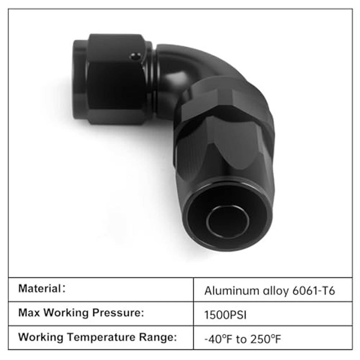 Black 90-degree swivel hose end elbow fitting with knurled body and wide outlet
