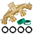 Brass 4-way garden hose splitter with four threaded outlets and included rubber gasket rings