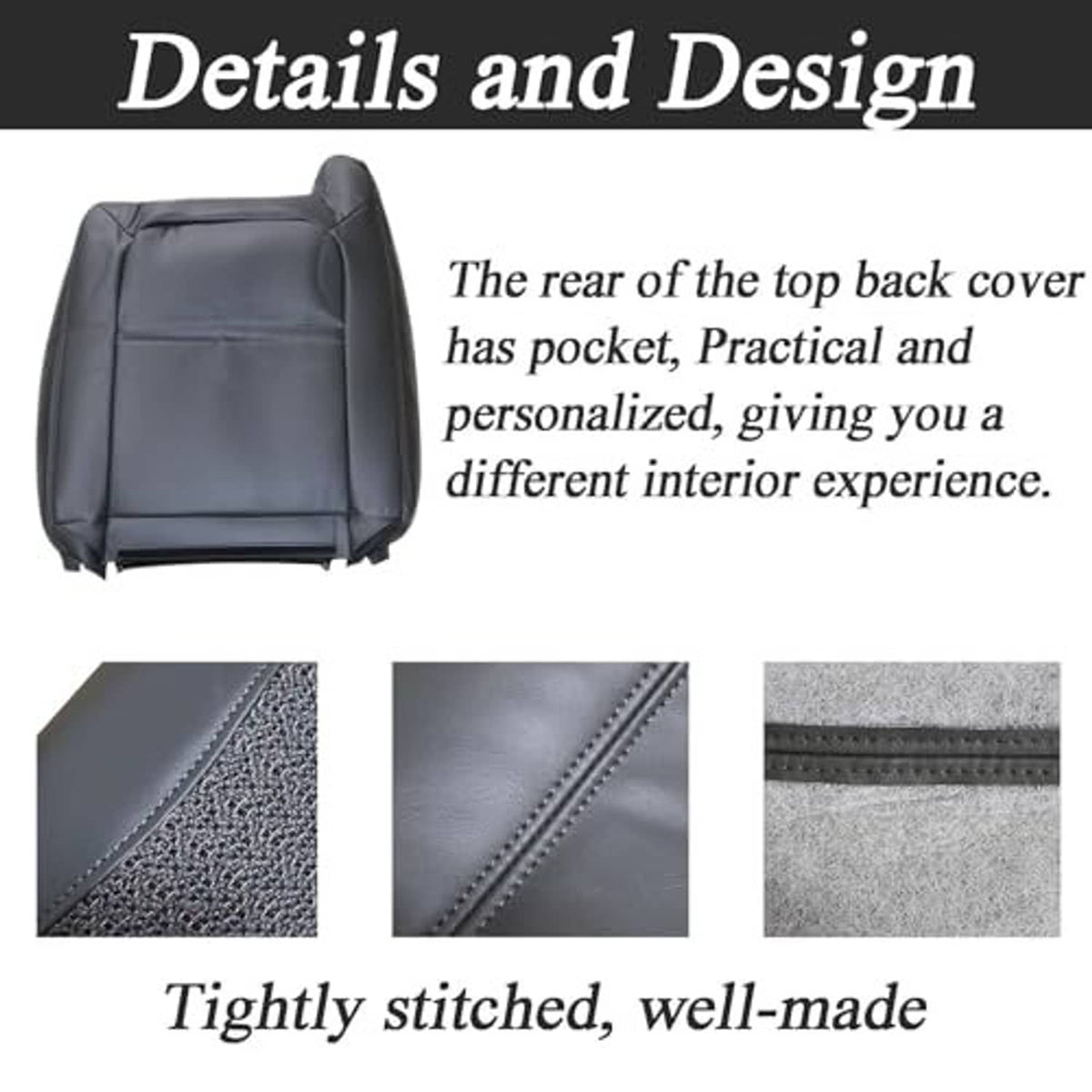 Dark gray seat back cover with stitched design and textured fabric panels