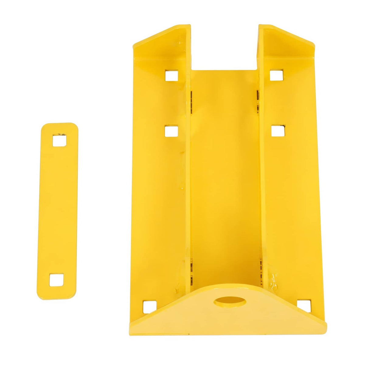 Yellow mower hitch bracket assembly with wide frame and base mounting opening.