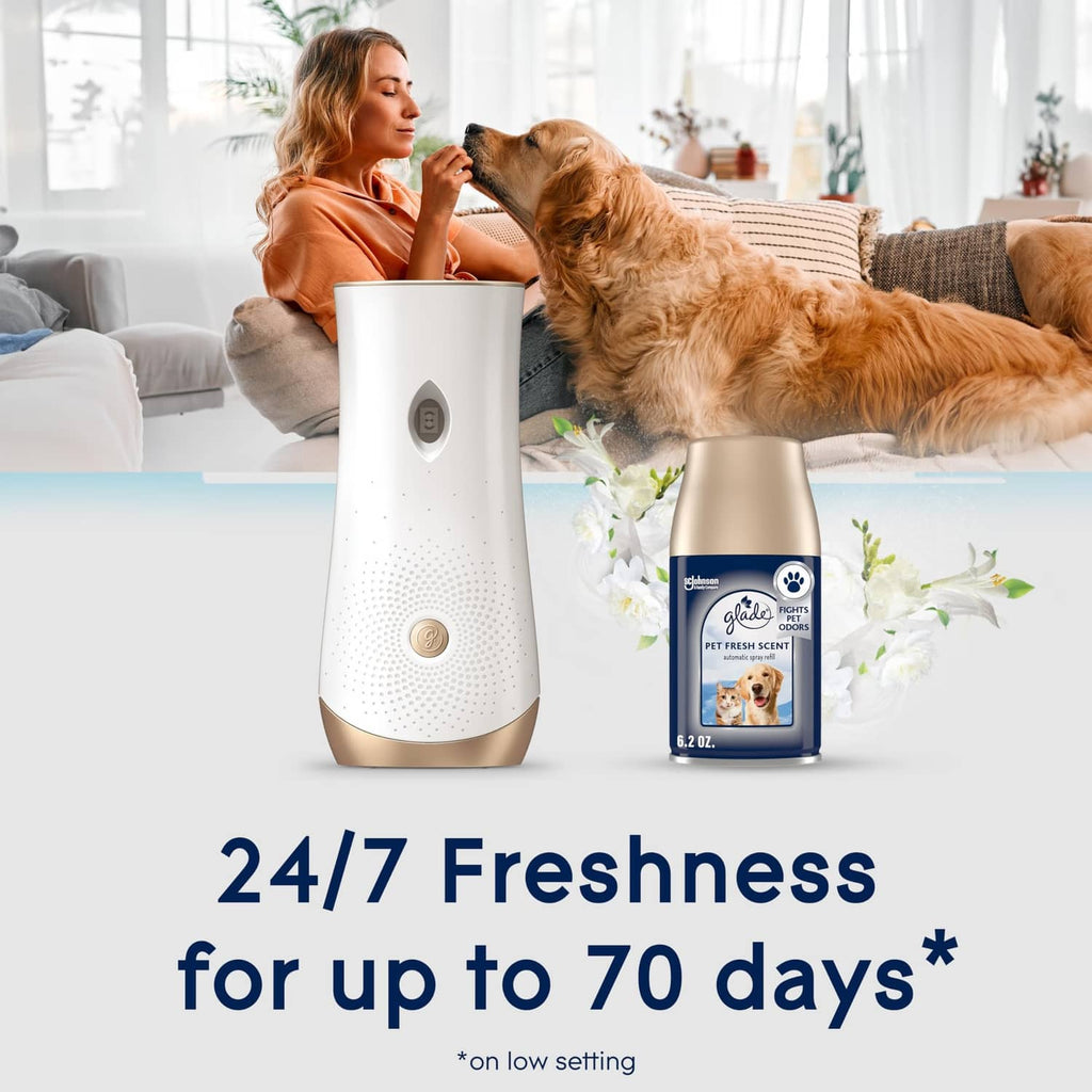 White automatic spray freshener device with Pet Fresh refill canister and dog