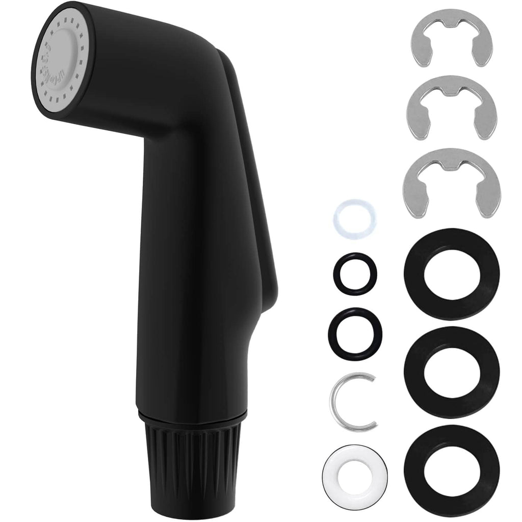 Matte black kitchen side sprayer head with included O-rings and mounting clips