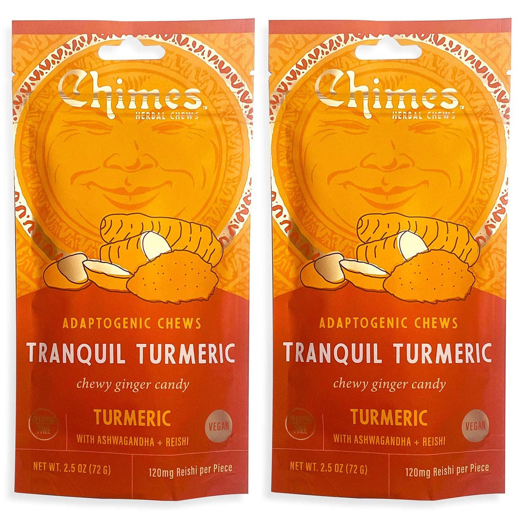 Two front-view adaptogenic chew candy pouches, orange turmeric labels side by side