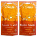 Two front-view adaptogenic chew candy pouches, orange turmeric labels side by side
