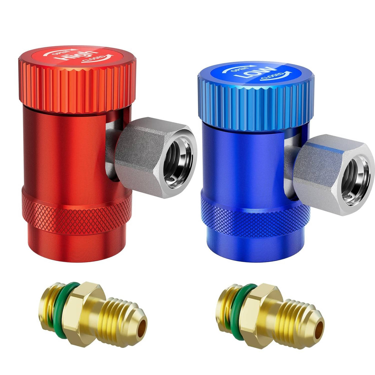 Pair of adjustable quick coupler adapters, red and blue cylinders with brass ports